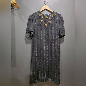 Vtg Silk Black Gold Sequin Beaded Mini Cocktail Dress Open Back Sz XL